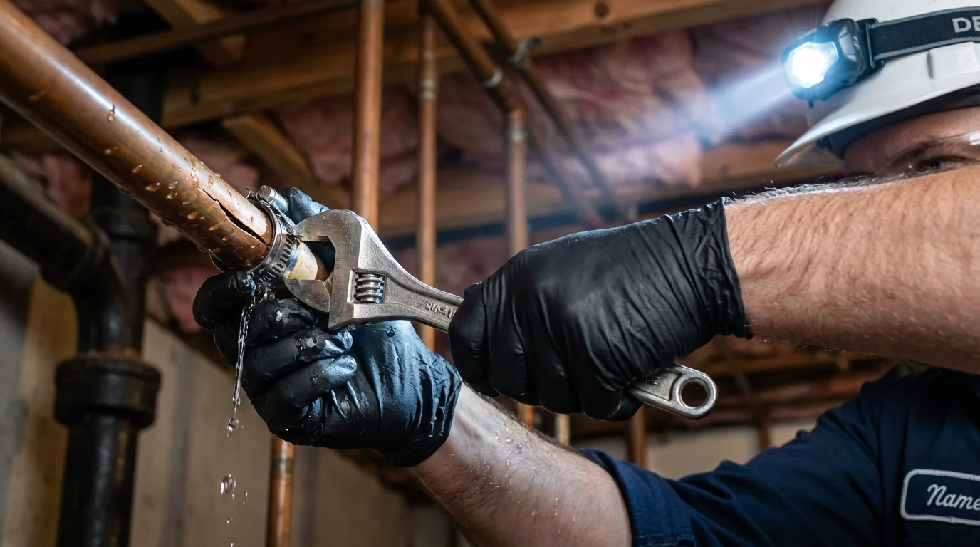 Emergency pipe clamp repair being performed by a Johns Plumbing LLC plumber in Eloy