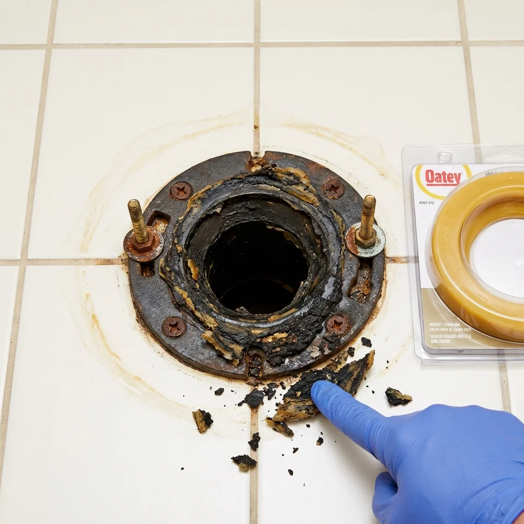 Failed wax ring showing water seepage at the base of a toilet in a Eloy, AZ home