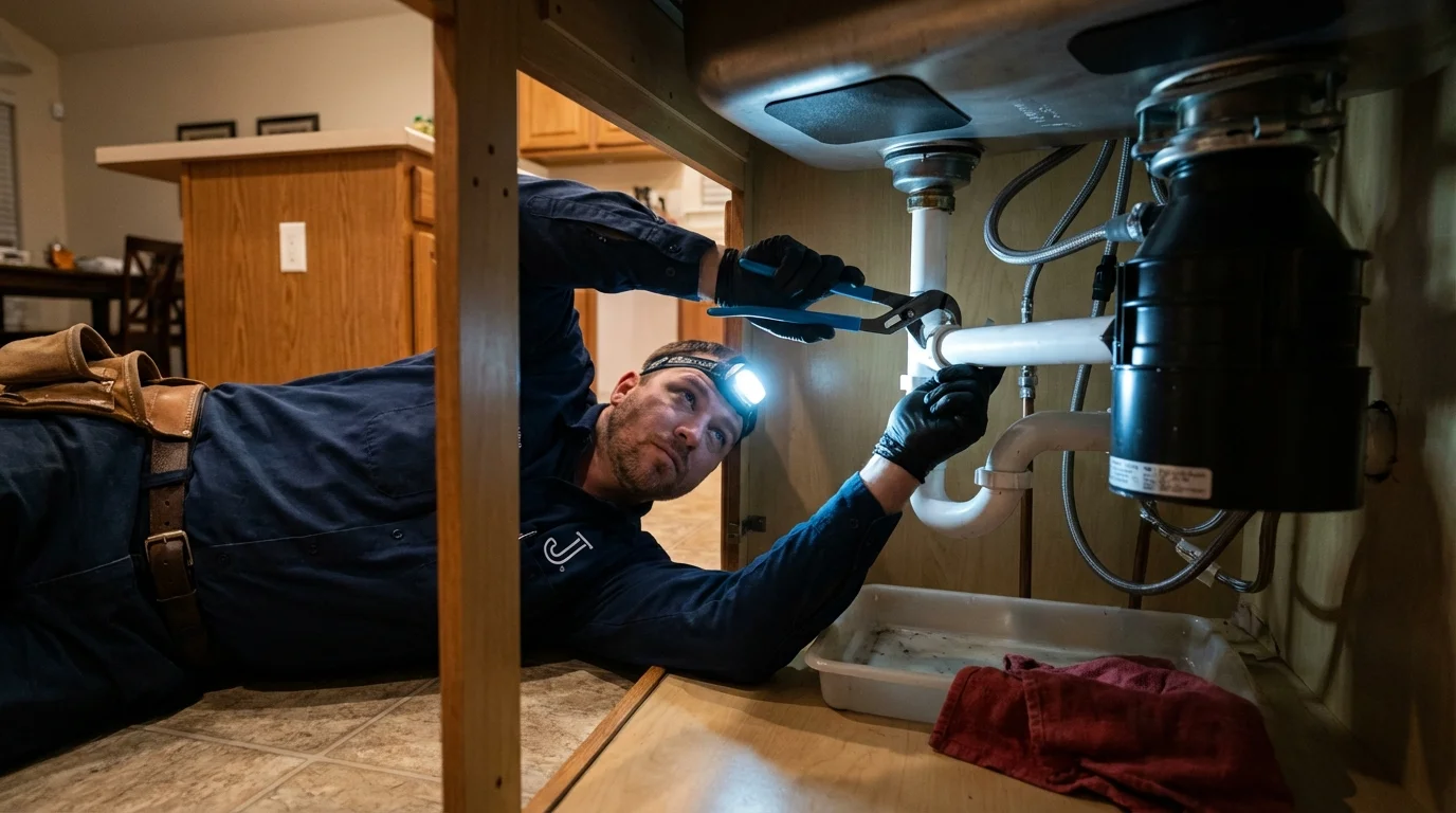 P-trap and supply line connections under a kitchen sink showing a common leak point in Eloy, AZ